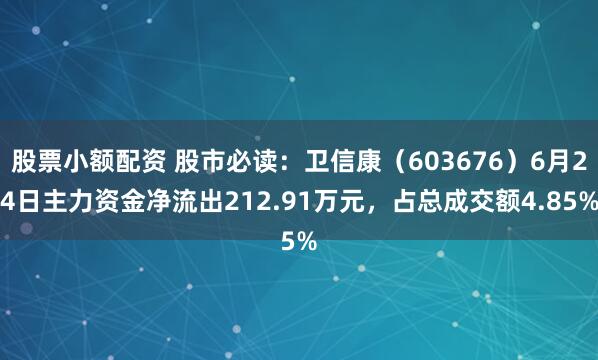股票小额配资 股市必读：卫信康（603676）6月24日主力资金净流出212.91万元，占总成交额4.85%